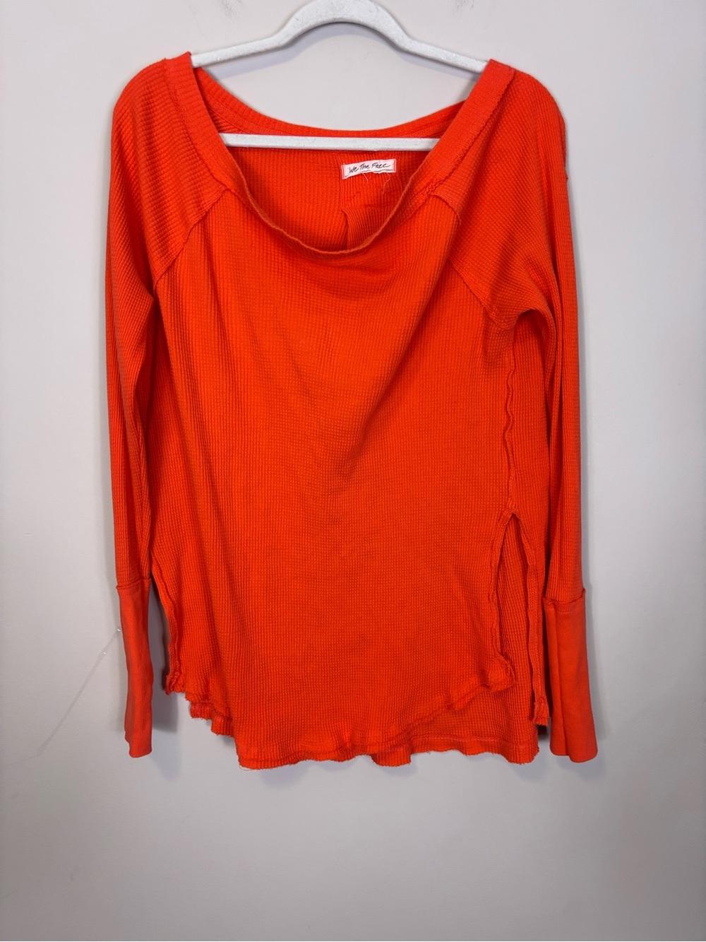 Free People Bright Orange Long Sleeve Waffle Knit Long Sleeve Top Size Small